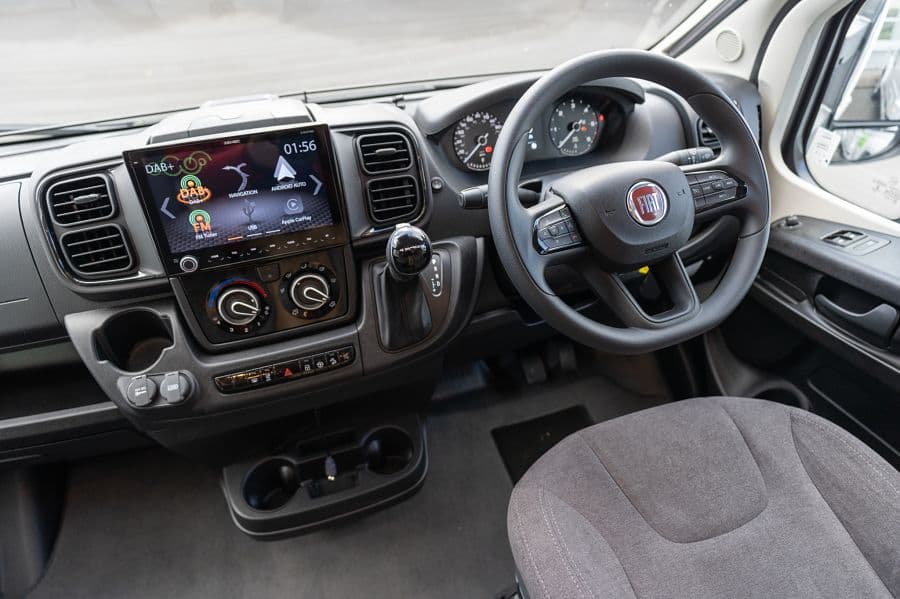 4-berth campervan Fiat Ducato cockpit with touchscreen and automatic transmission