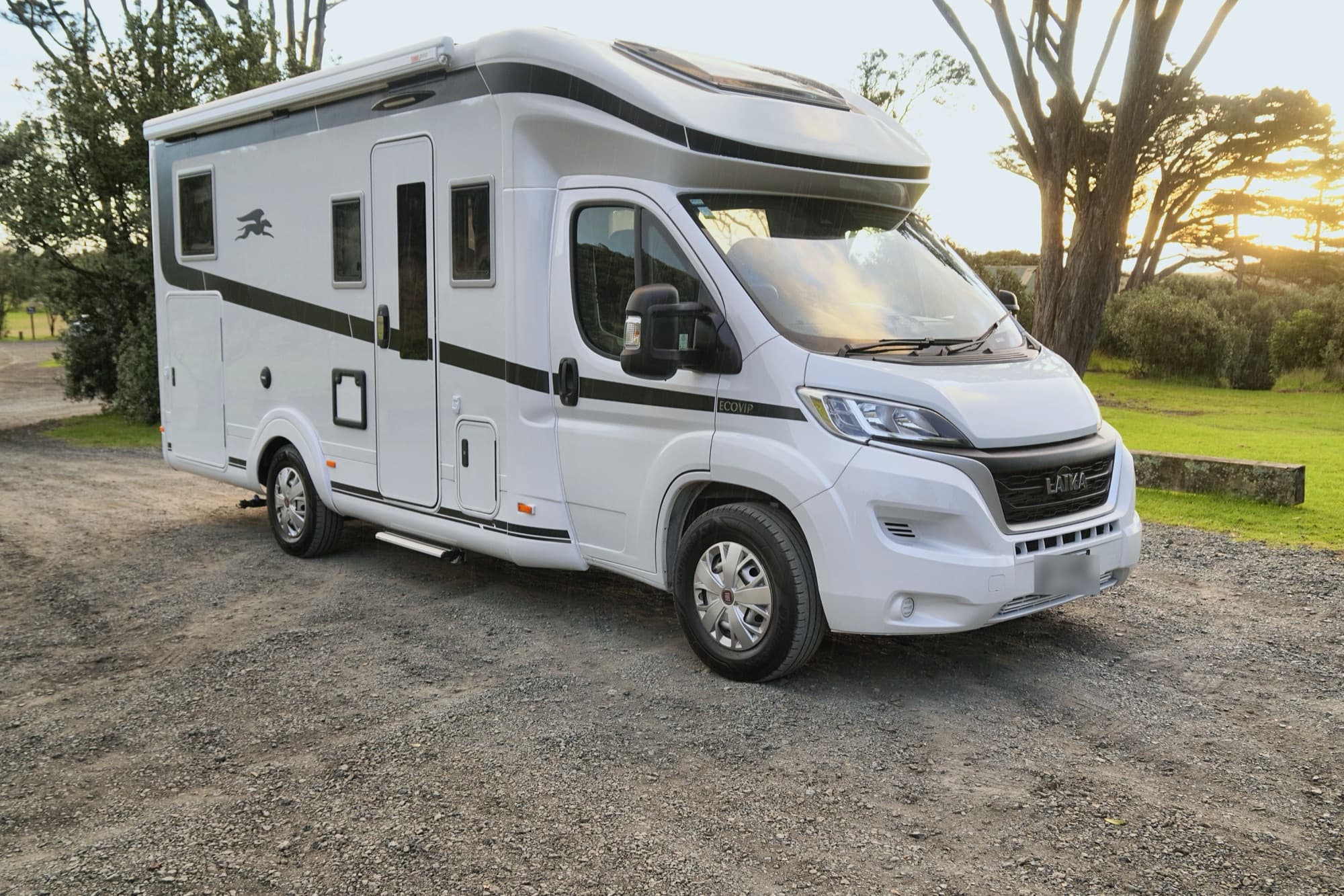4-berth family campervan rental NZ — our self-contained motorhome parked at golden hour
