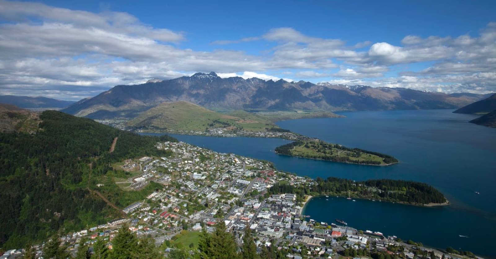 Aerial view of Queenstown and Lake Wakatipu in New Zealand