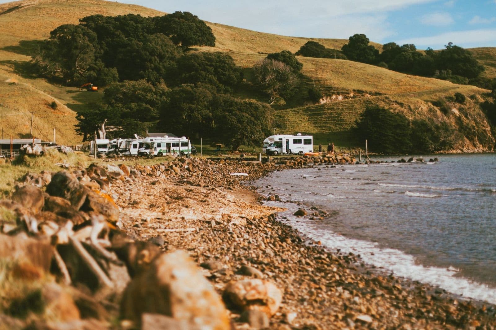 Campervans parked at a coastal Department of Conservation campsite on the Coromandel at dusk, New Zealand