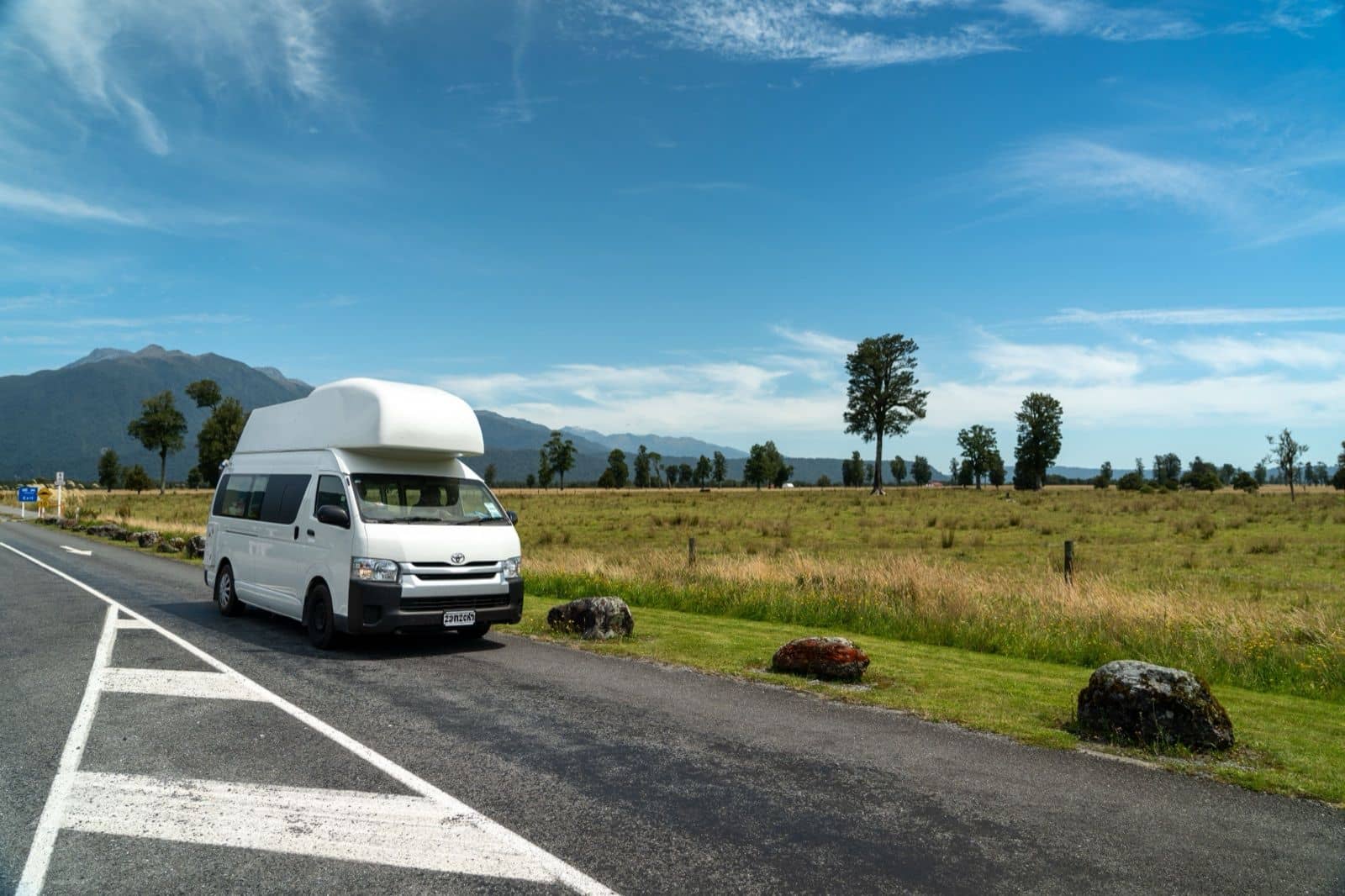 White campervan on an open road across the plains, the view most first-time campers start with