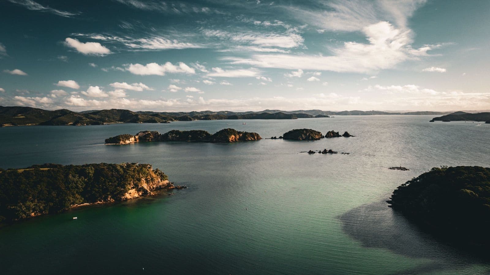 Aerial view of the Bay of Islands in Northland, the second stop on this two-week North Island campervan itinerary