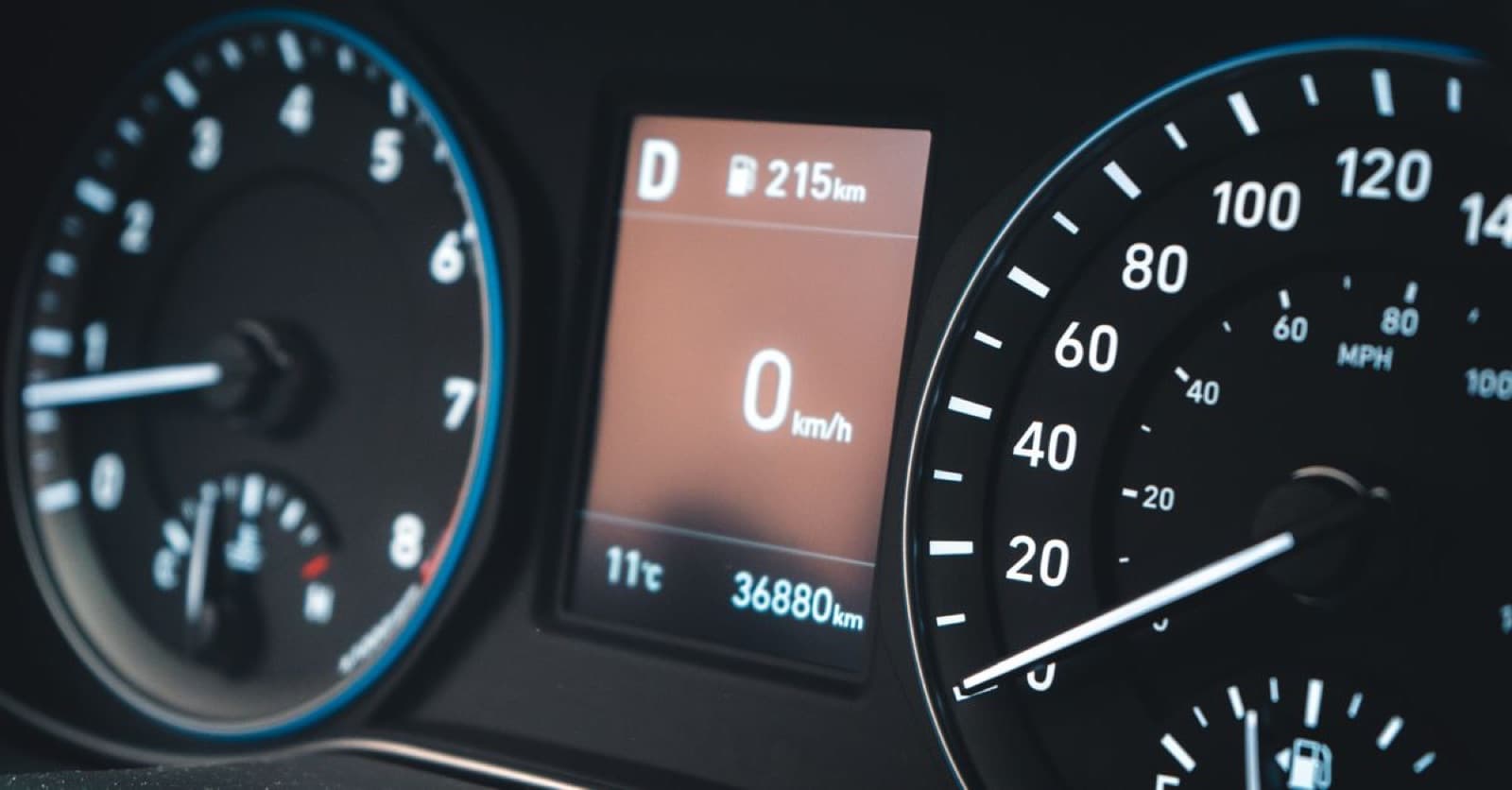 Dashboard van een auto met de kilometerteller en snelheidsmeter