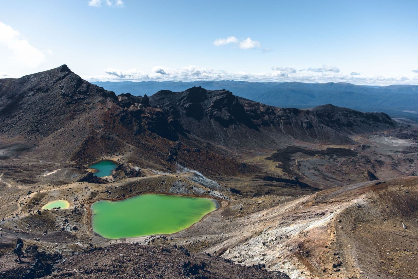 The Emerald Lakes on the Tongariro Alpine Crossing, three green crater lakes with steam rising from the surrounding volcanic ground