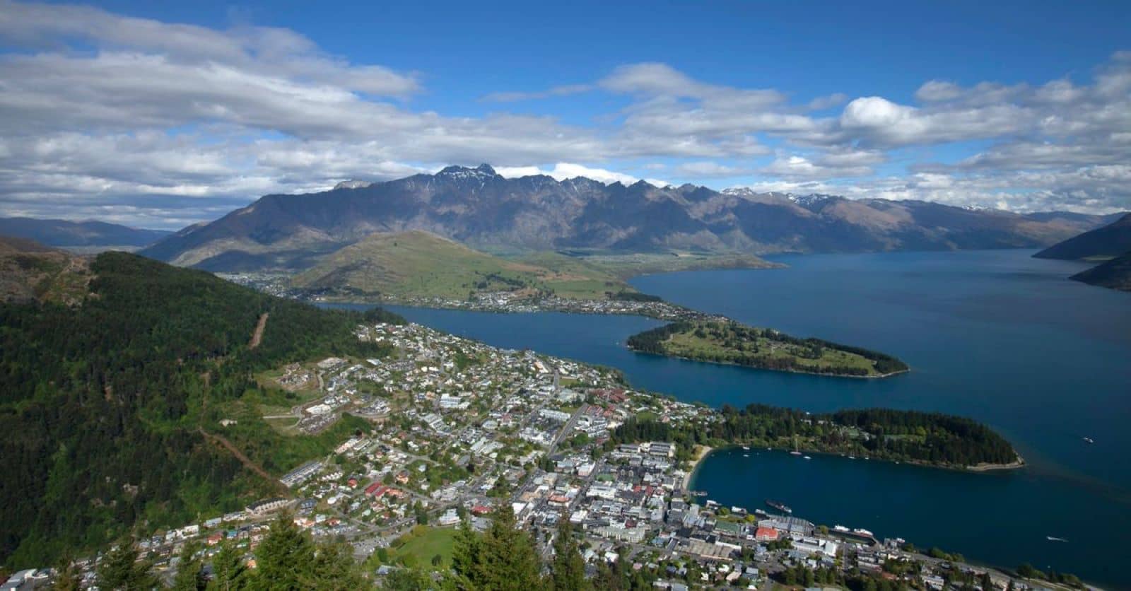 Aerial view of Queenstown and Lake Wakatipu in New Zealand