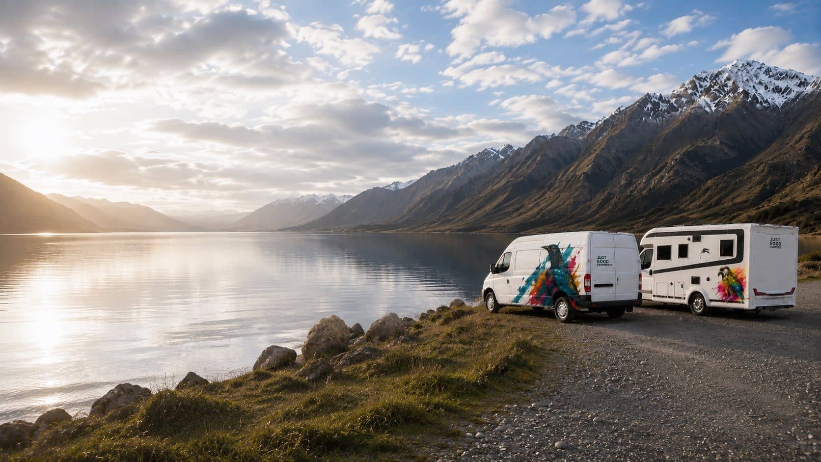 Twee JustGoodCampers-campers aan een Nieuw-Zeelands bergmeer bij zonsopkomst