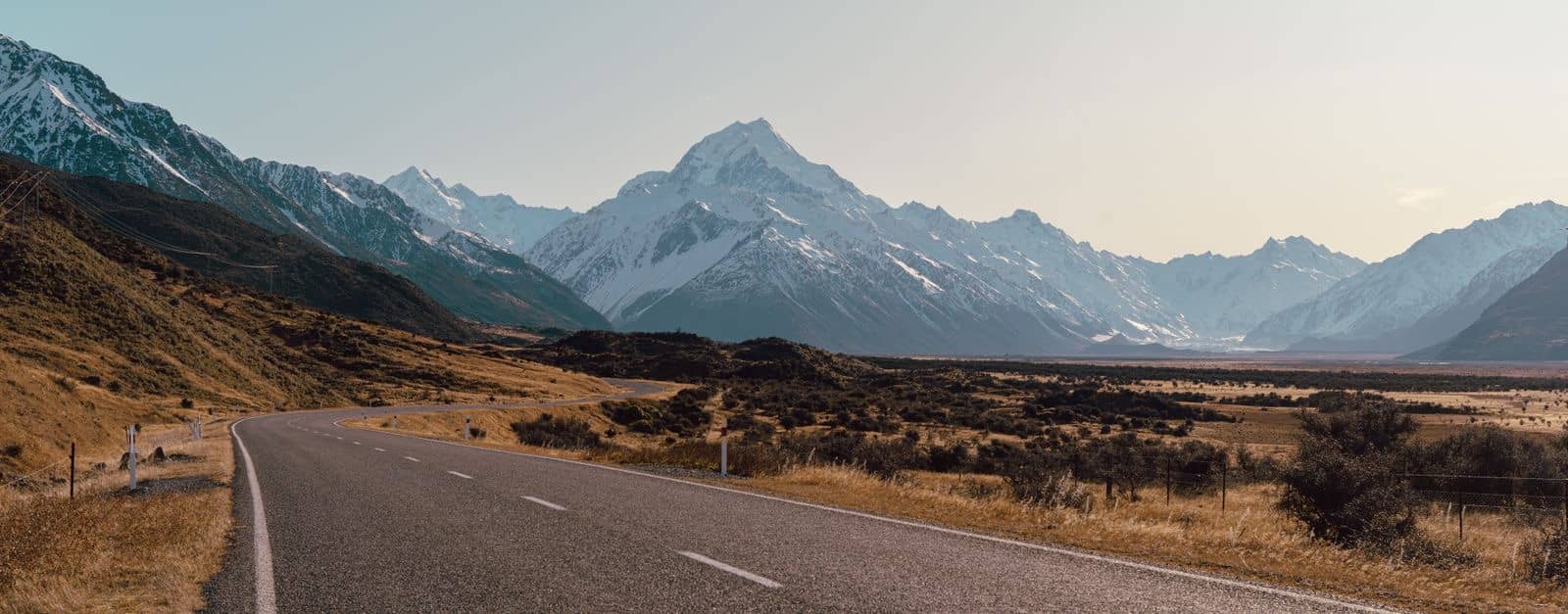 Open road towards Aoraki/Mount Cook on New Zealand's South Island